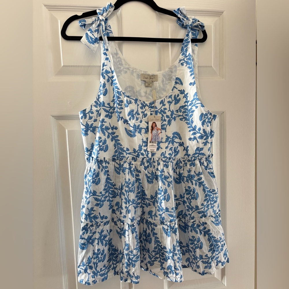 Charlie Paige White and Blue Leaf Print Tank Top